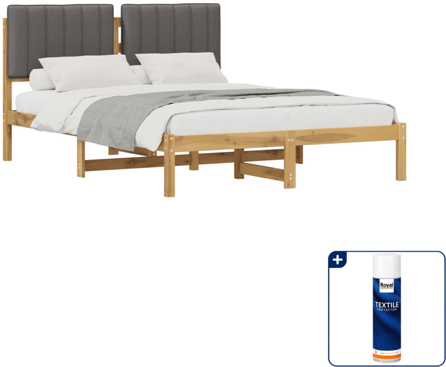 vidaXL bedframe - 120 x 190 cm - acaciahout - whitewash en lichtgrijs - Inclusief textielbeschermer 500 ml Bruin