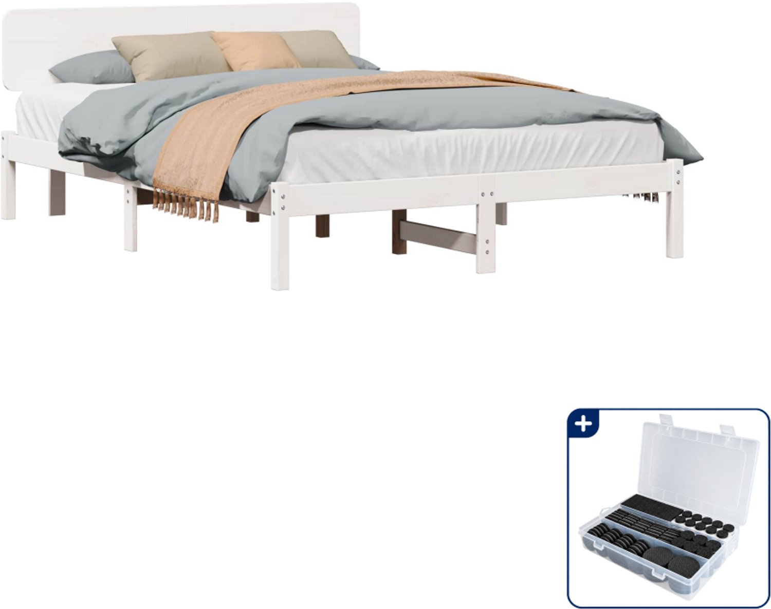 vidaXL Queensize bedframe met hoofdeinde - 160 x 200 cm - wit - Inclusief antikrasvilt 177-delig