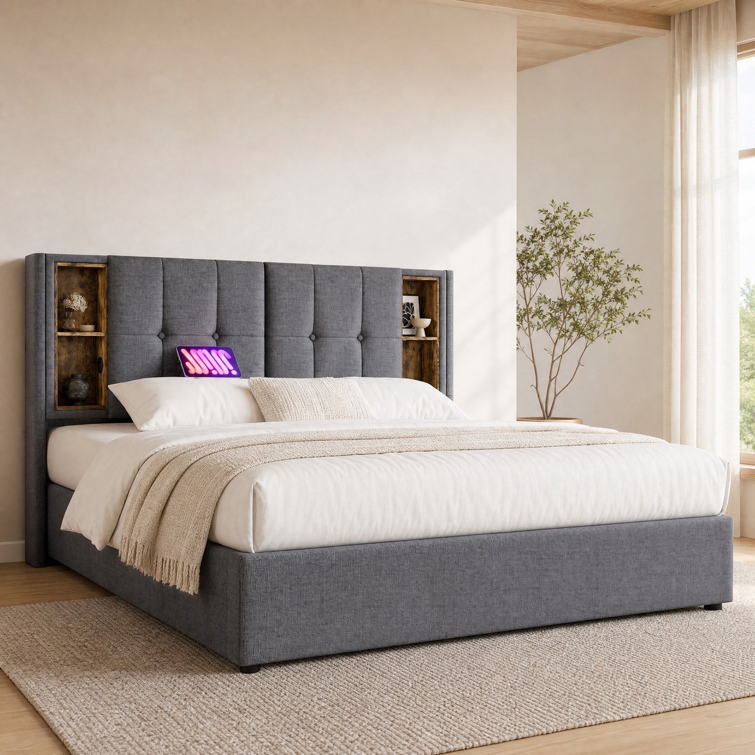Maisentiel Gestoffeerd tweepersoonsbed 160 x 200 cm – grijs – opbergruimte en draadloos opladen