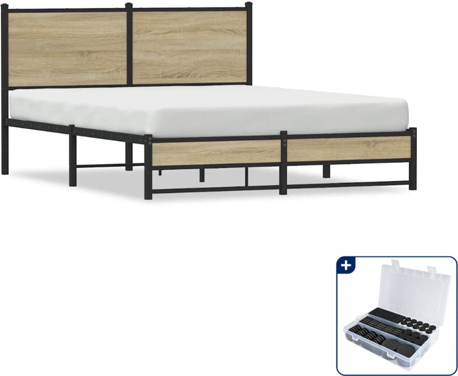 vidaXL Bedframe - 150 x 200 cm - staal en bewerkt hout - sonoma eiken - Inclusief antikrasvilt 177-delig Bruin