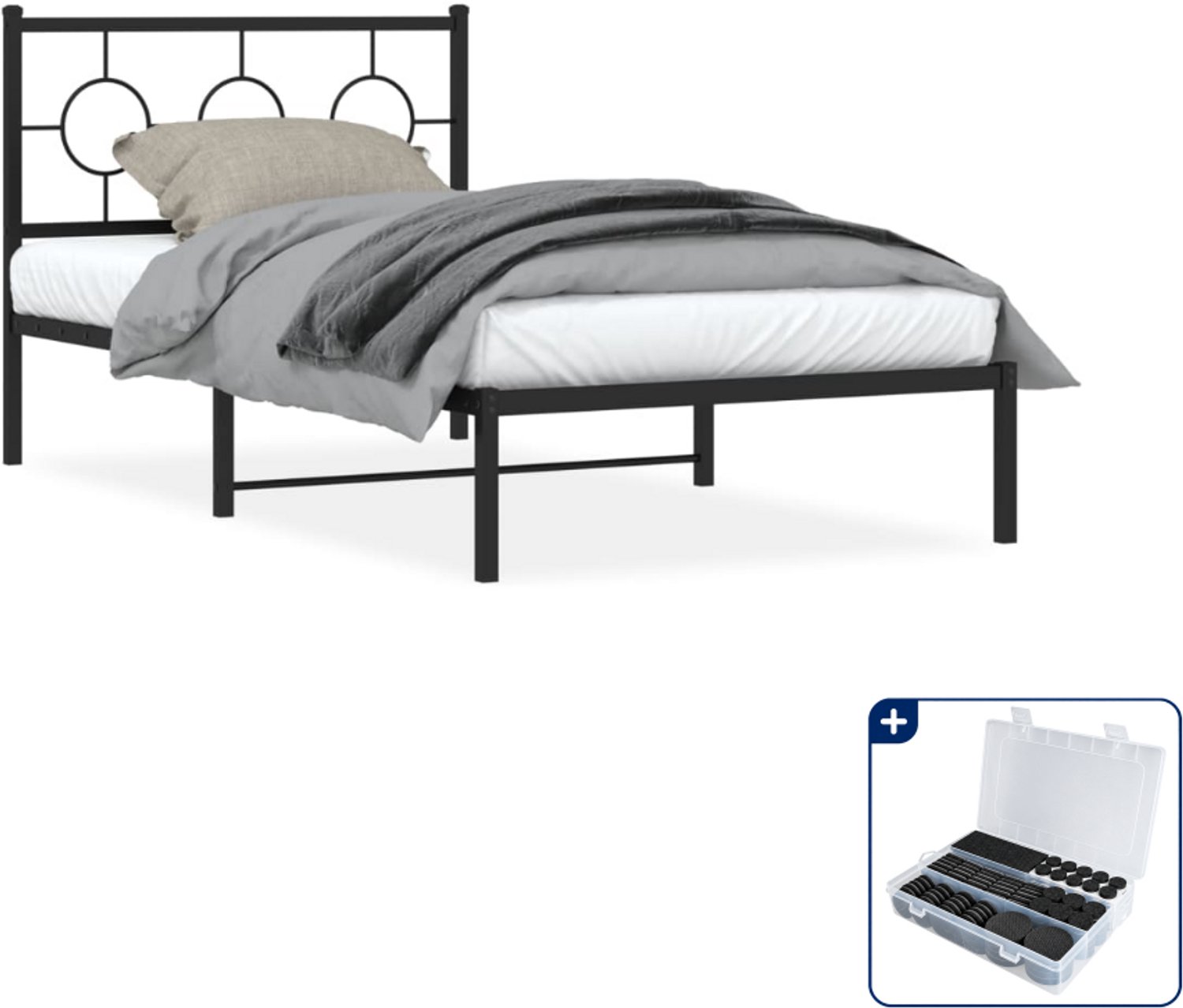 vidaXL bedframe met hoofdbord - 100 x 200 cm - staal - zwart - Inclusief antikrasvilt 177-delig