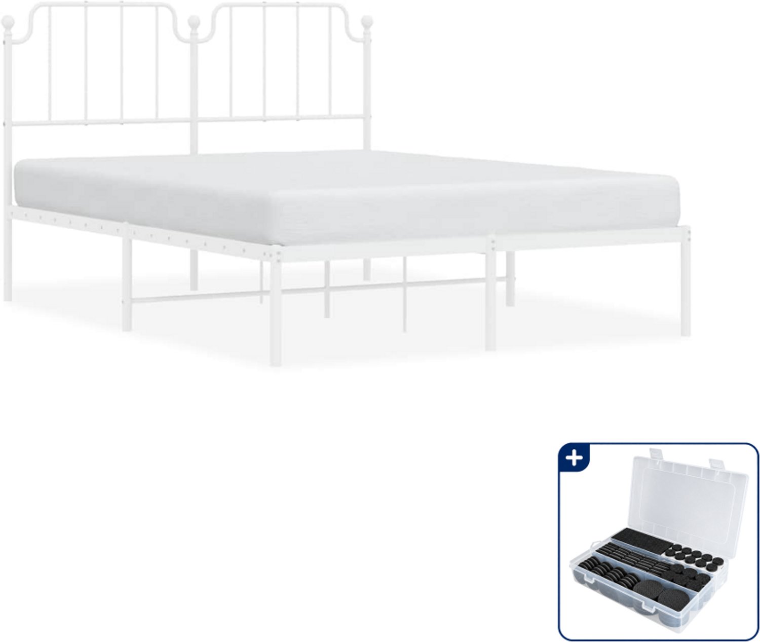 vidaXL bedframe met hoofdbord - 150 x 200 cm - staal - wit - Inclusief antikrasvilt 177-delig