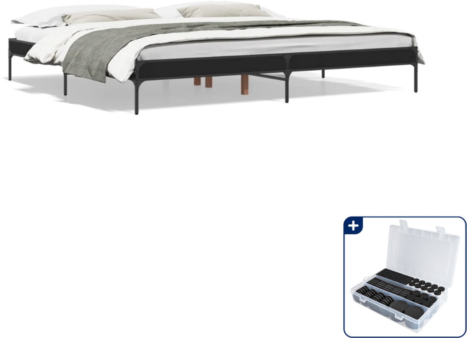 vidaXL Bedframe - 200 x 200 cm - bewerkt hout en metaal - zwart - Inclusief antikrasvilt 177-delig