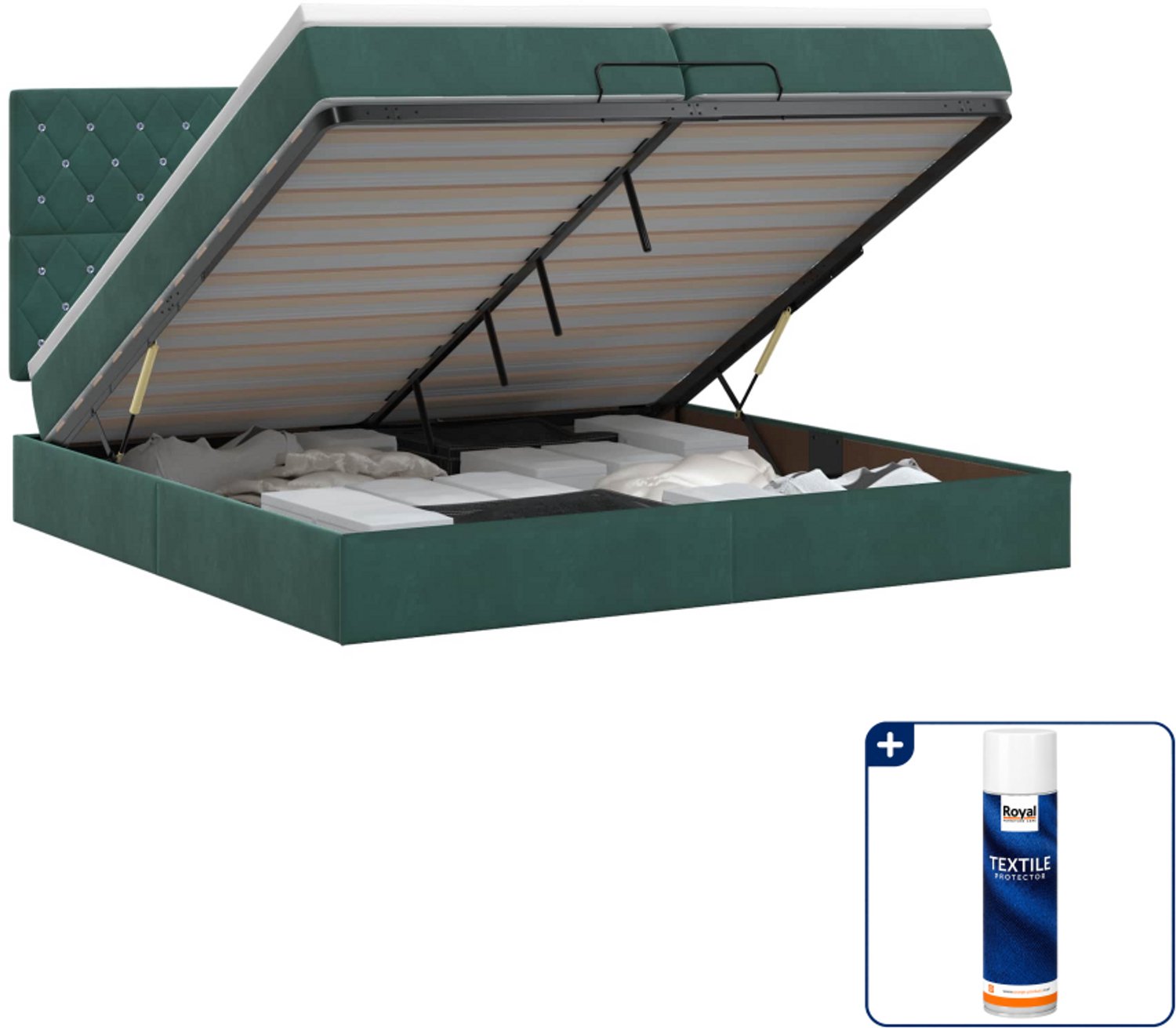 vidaXL ottoman bed met matras - 200 x 200 cm - fluweel - donkergroen - Inclusief textielbeschermer 500 ml