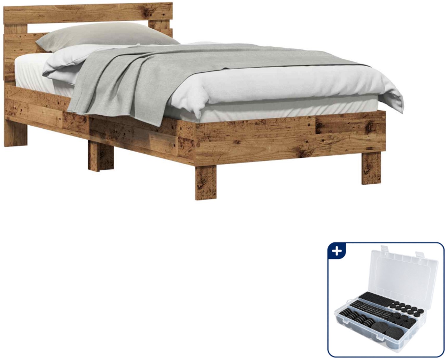 vidaXL bedframe - 107 x 203 cm - bewerkt hout - oudhout - Inclusief antikrasvilt 177-delig Bruin