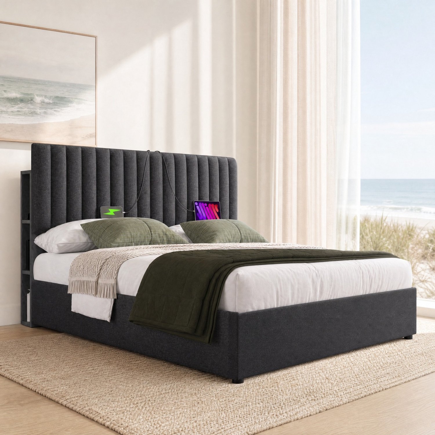 Maisentiel Gestoffeerd tweepersoonsbed 160 x 200 cm - opbergruimte, LED en USB - grijs