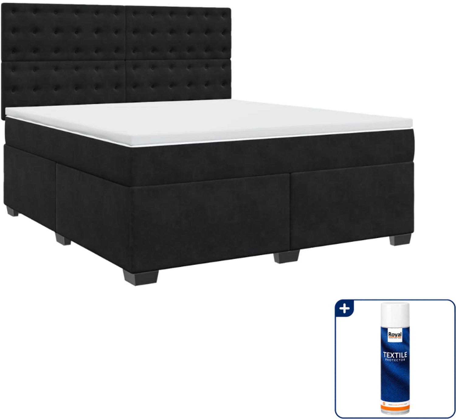 vidaXL Kingsize boxspring met matras - 180 x 200 cm - fluweel - zwart - Inclusief textielbeschermer 500 ml