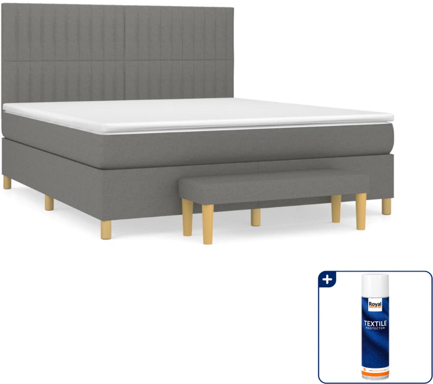 vidaXL Kingsize boxspring met matras en bankje - 180 x 200 cm - grijs - Inclusief textielbeschermer 500 ml