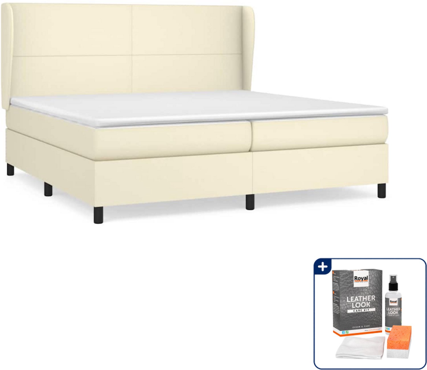 vidaXL Boxspring - Super kingsize - 200 x 200 cm - kunstleer - crème - Inclusief onderhoudsset voor kunstleer 150 ml
