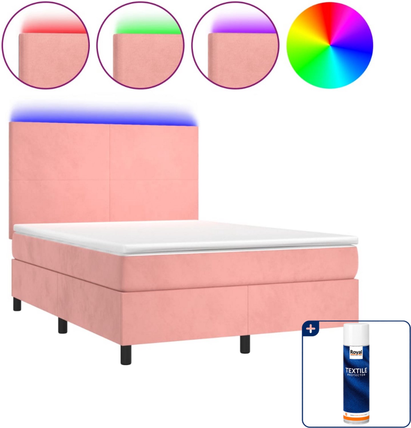 vidaXL boxspring met matras en led - 140 x 190 cm - fluweel - roze - Inclusief textielbeschermer 500 ml