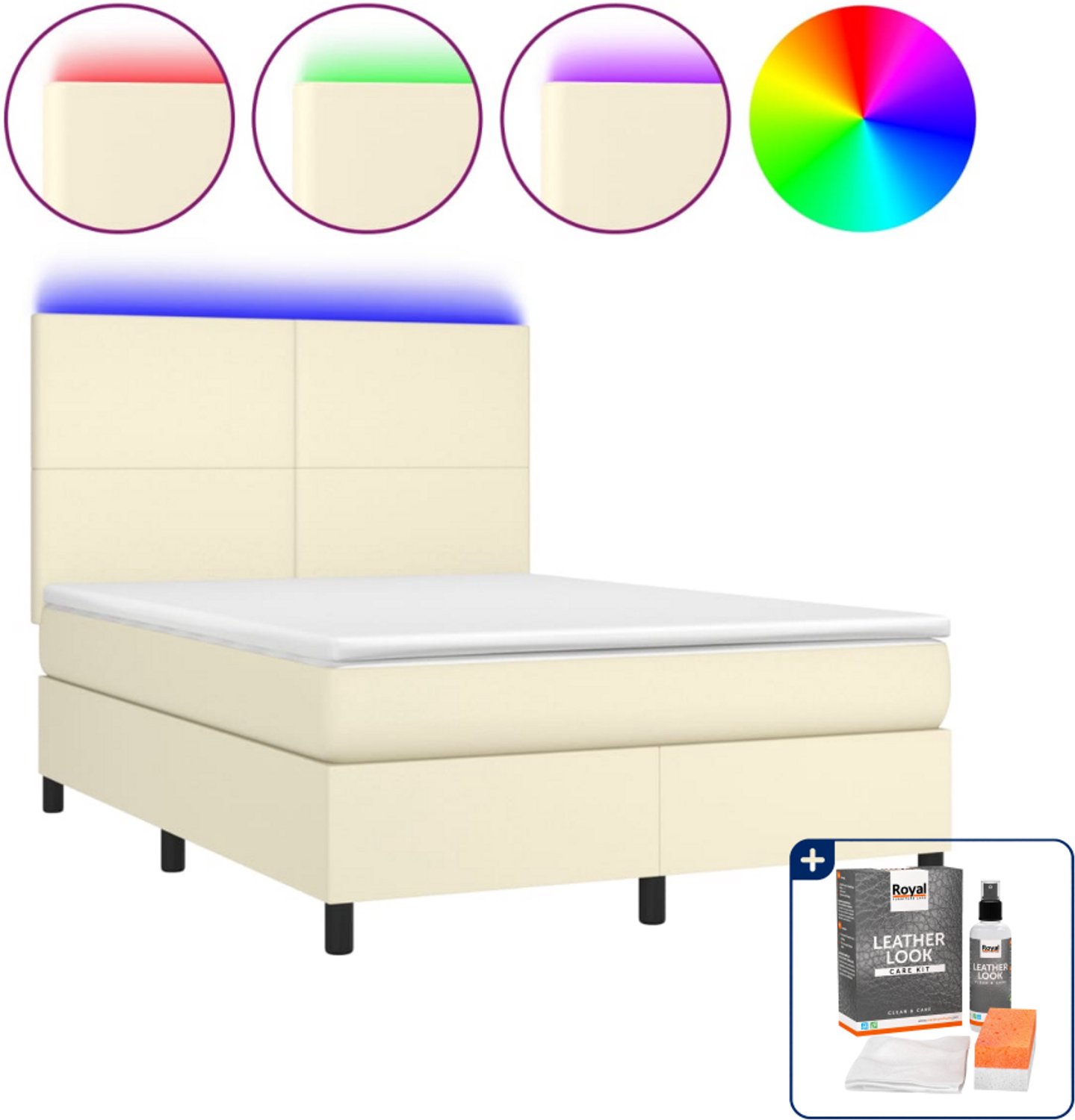 vidaXL boxspring met matras en LED - 140 x 190 cm - crèmekleurig - Inclusief onderhoudsset voor kunstleer 150 ml
