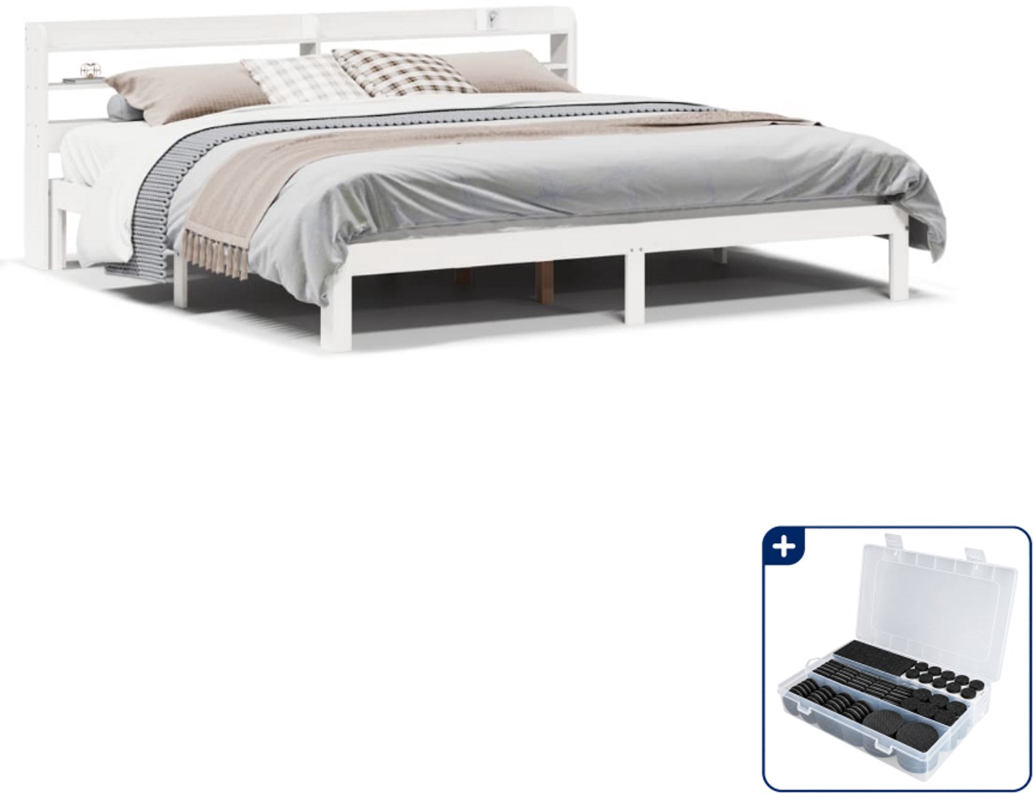 vidaXL bedframe met hoofdeinde - 200 x 200 cm - massief grenenhout - wit - Inclusief antikrasvilt 177-delig Bruin