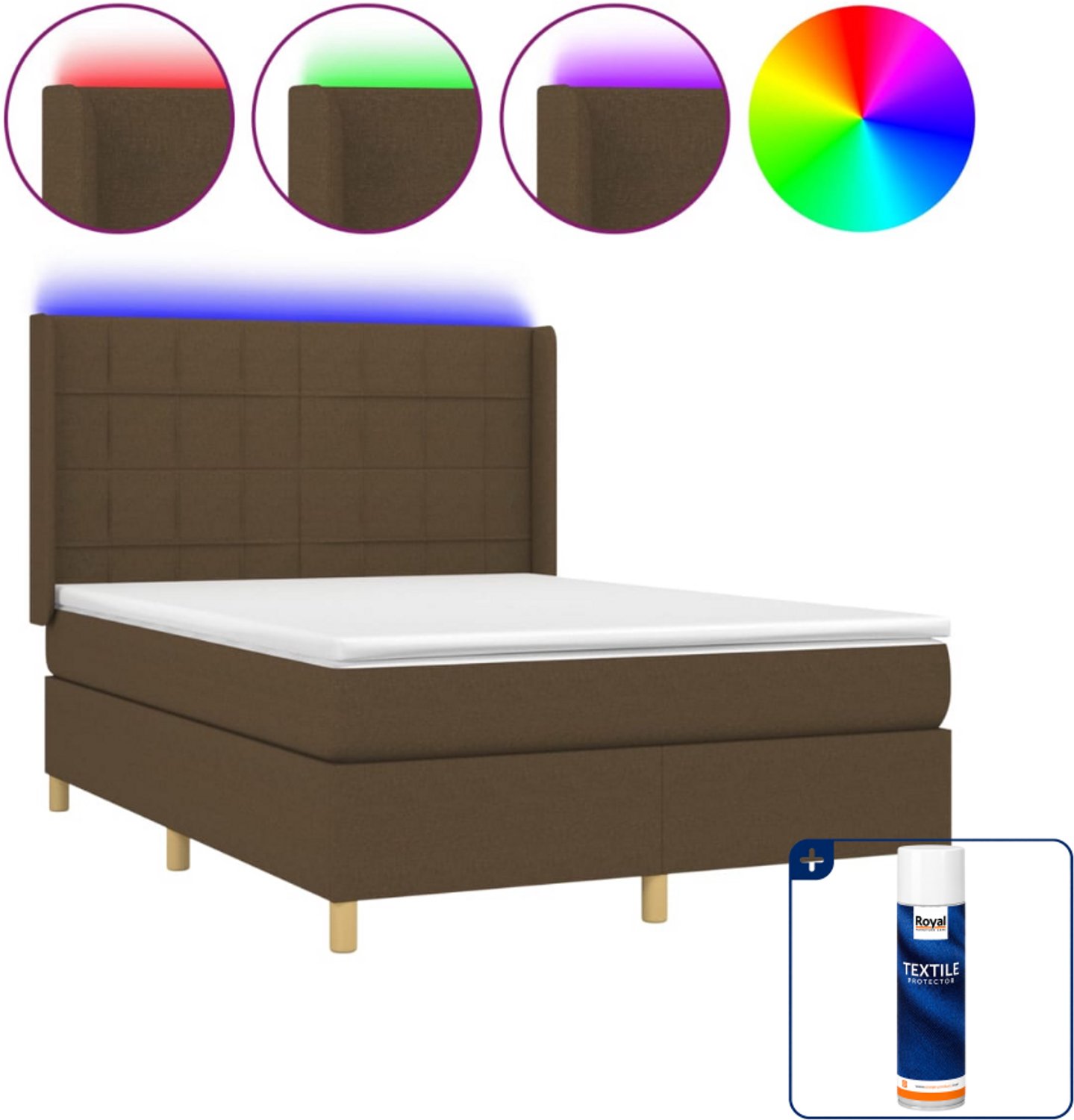 vidaXL boxspring met matras en LED - 140 x 190 cm - donkerbruin - Inclusief textielbeschermer 500 ml