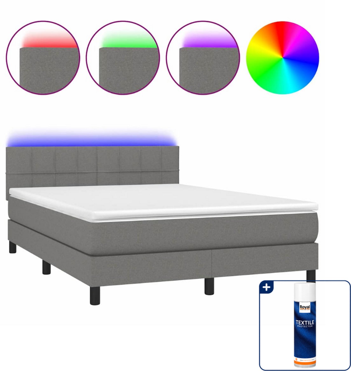 vidaXL Small double boxspring met matras en LED - 140x200 cm - grijs - Inclusief textielbeschermer 500 ml