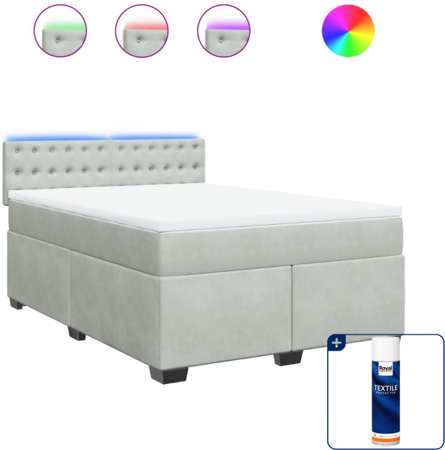vidaXL boxspring met matras - 140 x 190 cm - fluweel - lichtgrijs - Inclusief textielbeschermer 500 ml