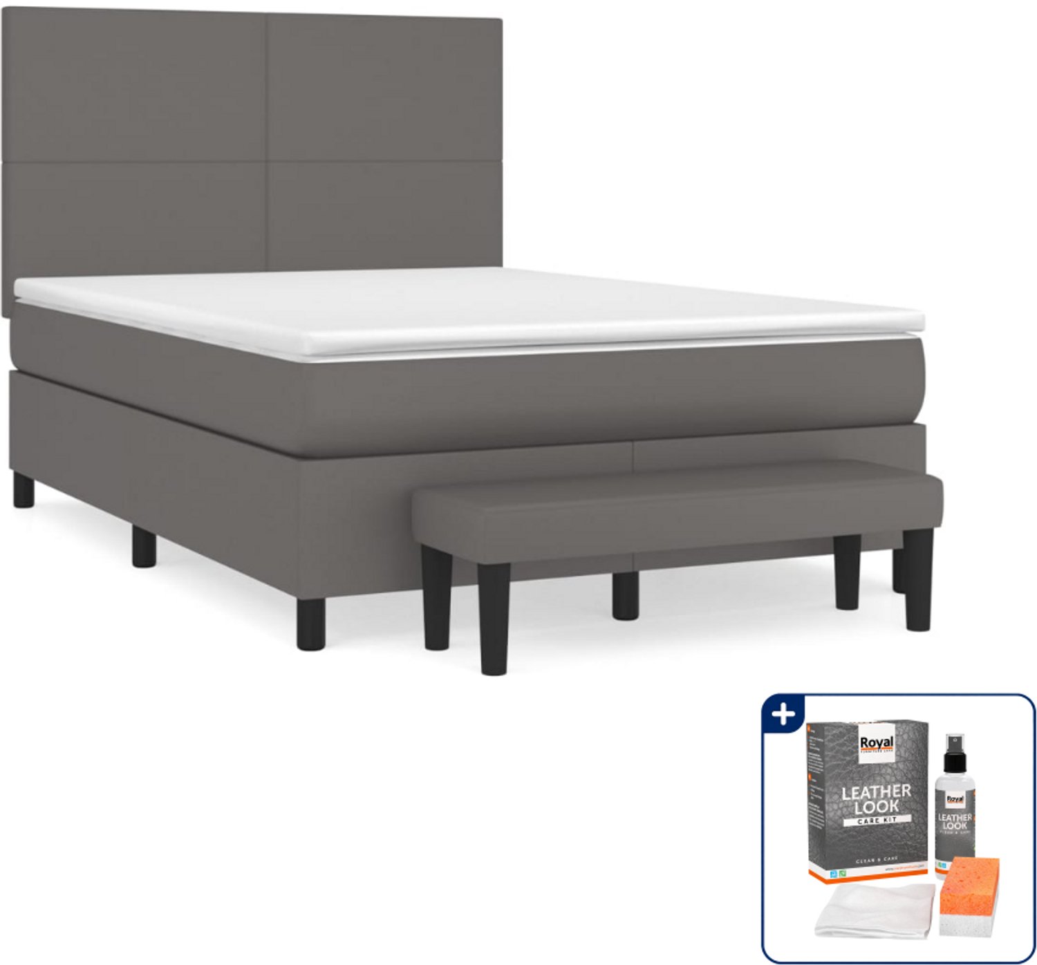 vidaXL Boxspring Small double - 140 x 200 cm - grijs - Inclusief onderhoudsset voor kunstleer 150 ml
