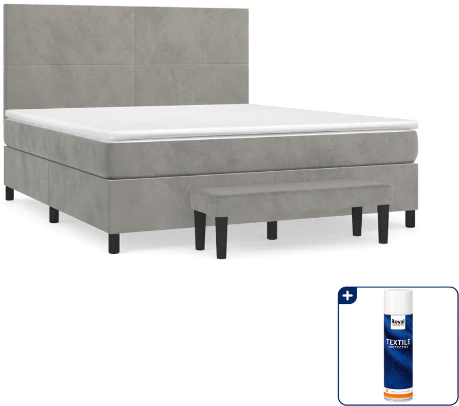 vidaXL Kingsize boxspring met matras en bankje - 180x200 cm - fluweel - lichtgrijs - Inclusief textielbeschermer 500 ml