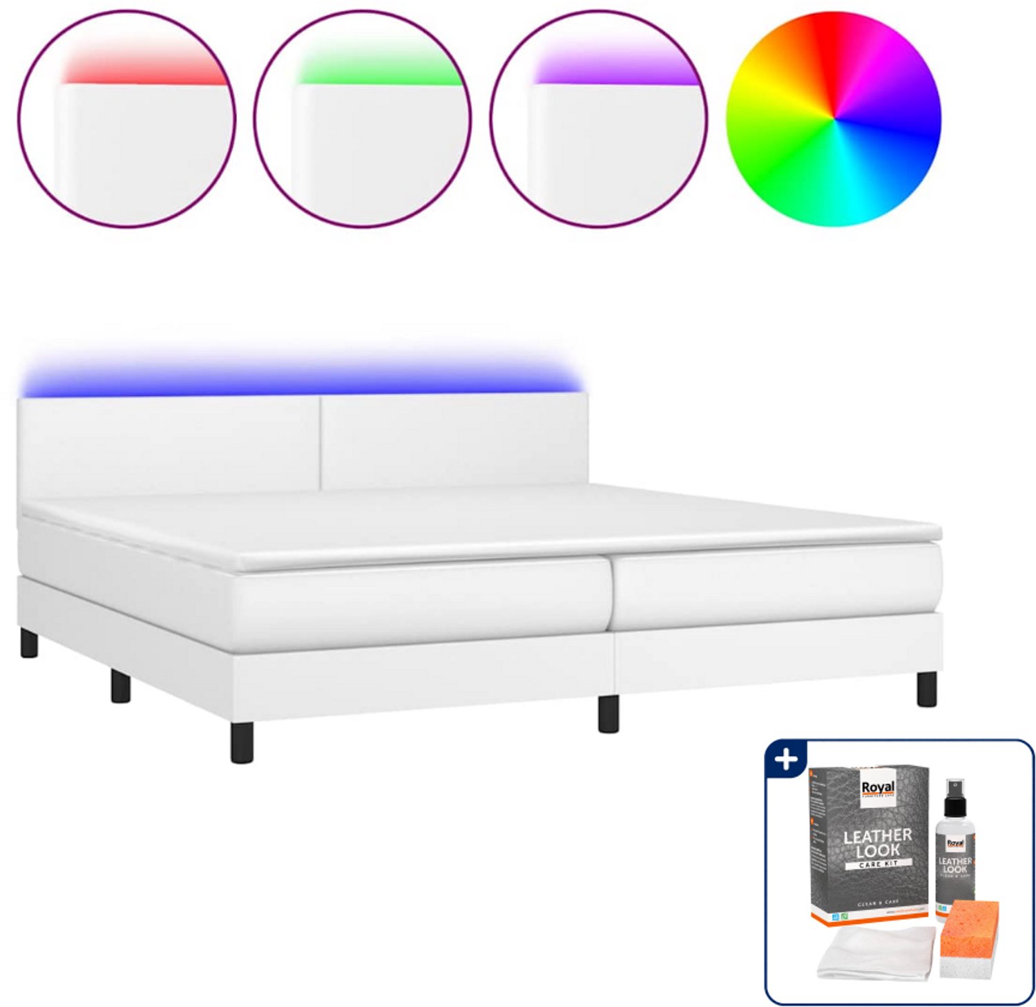 vidaXL boxspring met matras en LED - Super kingsize - 200 x 200 cm - wit - Inclusief onderhoudsset voor kunstleer 150 ml