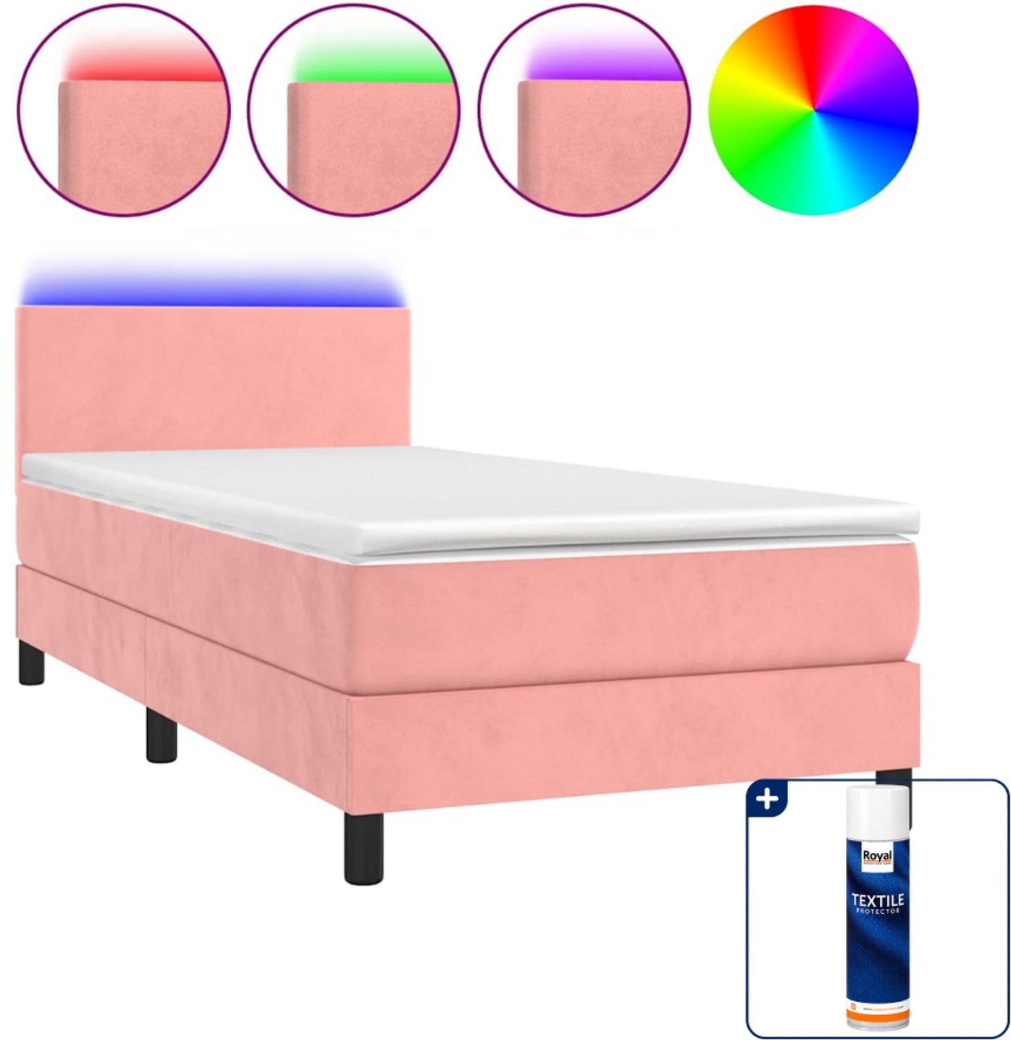 vidaXL Boxspring met matras en led - 80 x 200 cm - fluweel - roze - Inclusief textielbeschermer 500 ml