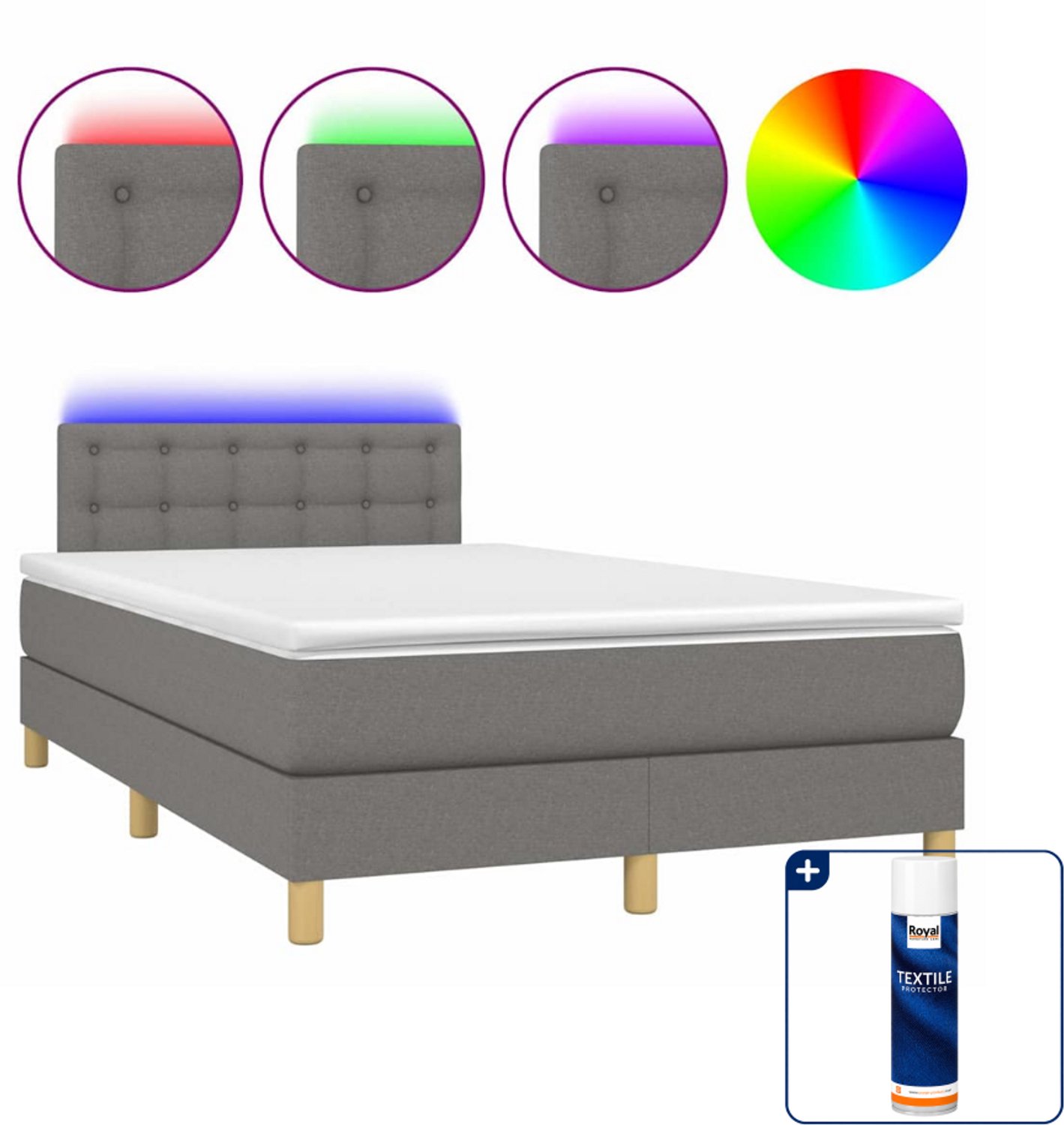 vidaXL boxspring met matras en LED - 120 x 200 cm - donkergrijs - Inclusief textielbeschermer 500 ml