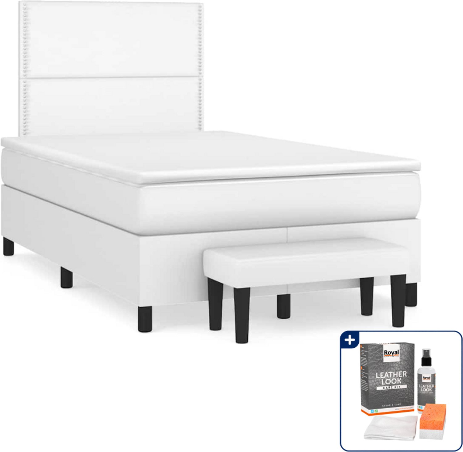 vidaXL boxspring met matras en bankje - 120 x 190 cm - kunstleer - wit - Inclusief onderhoudsset voor kunstleer 150 ml