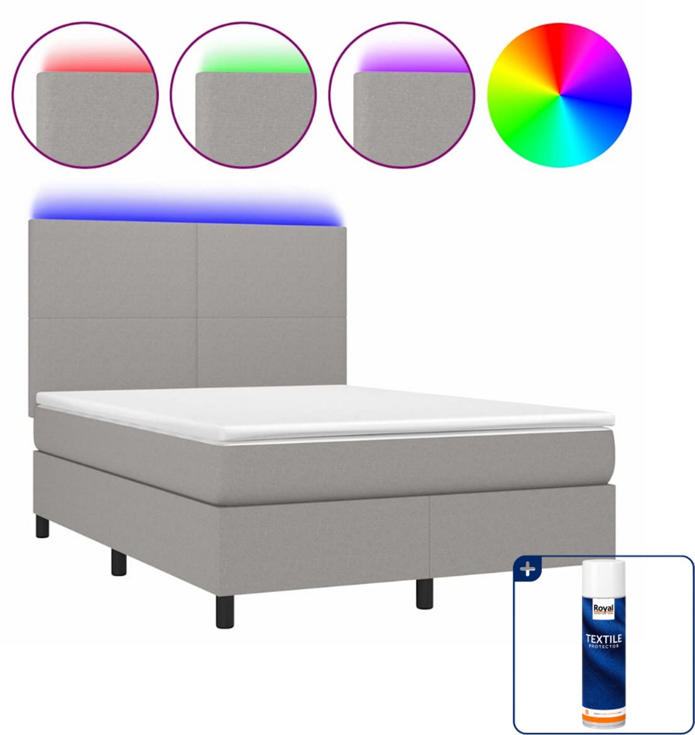 vidaXL boxspring met matras en LED - Small double - 140x200 cm - lichtgrijs - Inclusief textielbeschermer 500 ml