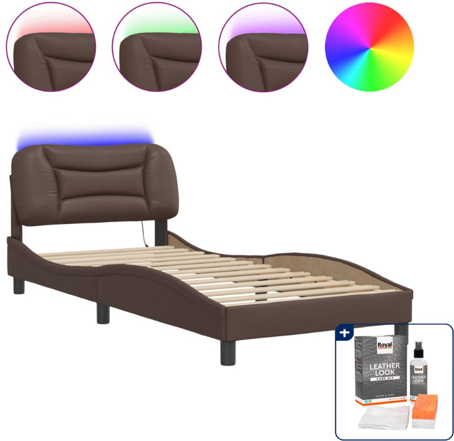 vidaXL Hvar bedframe met LED - 80 x 200 cm - bruin - Inclusief onderhoudsset voor kunstleer 150 ml