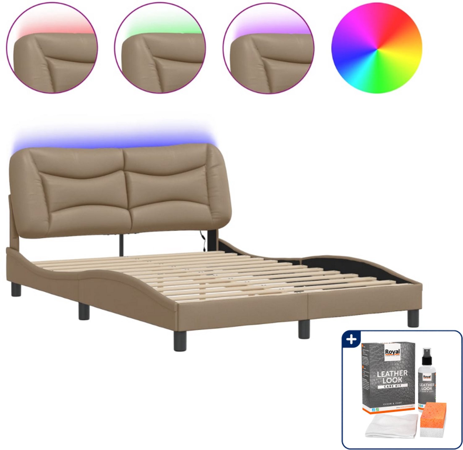 vidaXL Hvar bedframe - Small double - 140 x 200 cm - cappuccino - Inclusief onderhoudsset voor kunstleer 150 ml