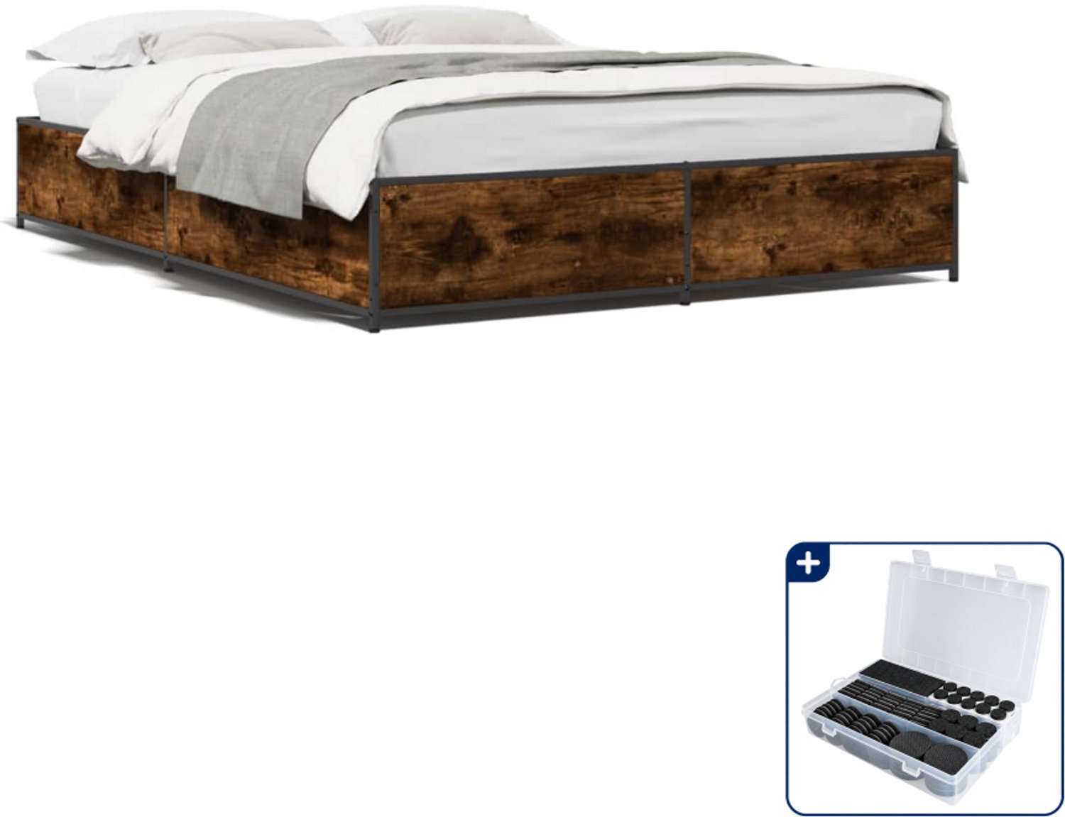 vidaXL bedframe - Small double - 140 x 200 cm - gerookt eiken - Inclusief antikrasvilt 177-delig Bruin