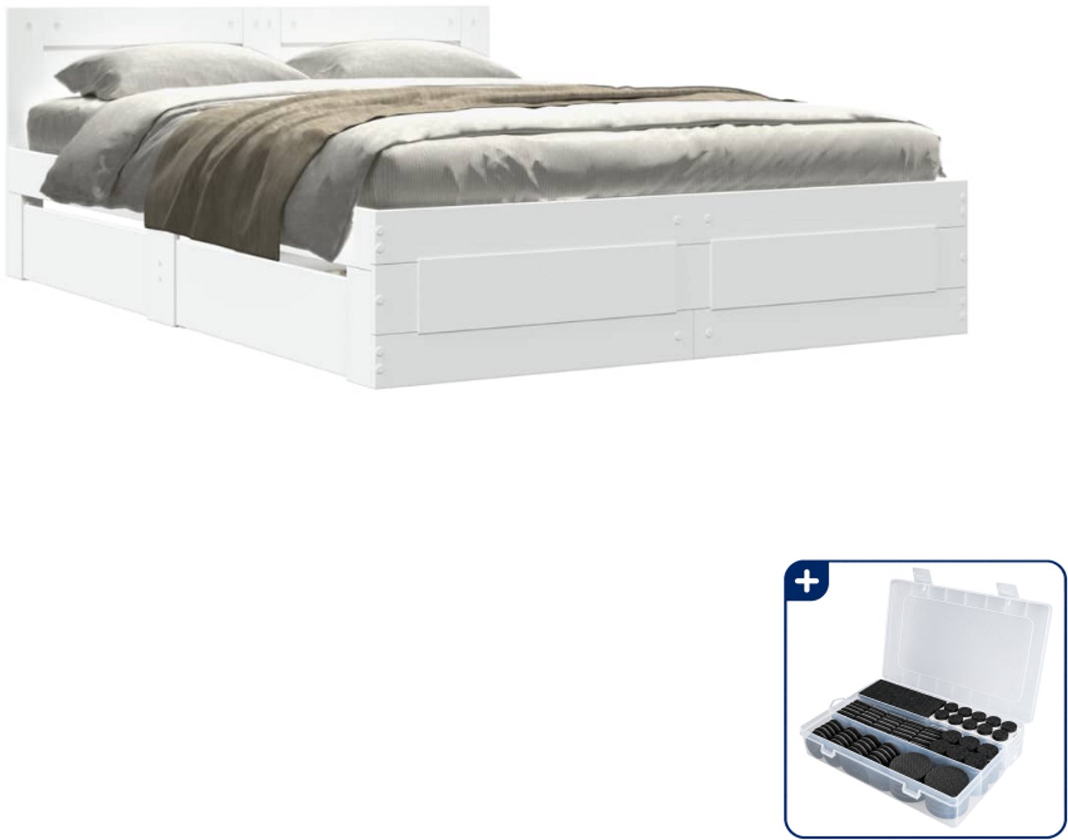 vidaXL bedframe met hoofdeinde - Small double 140 x 200 cm - wit - Inclusief antikrasvilt 177-delig Bruin