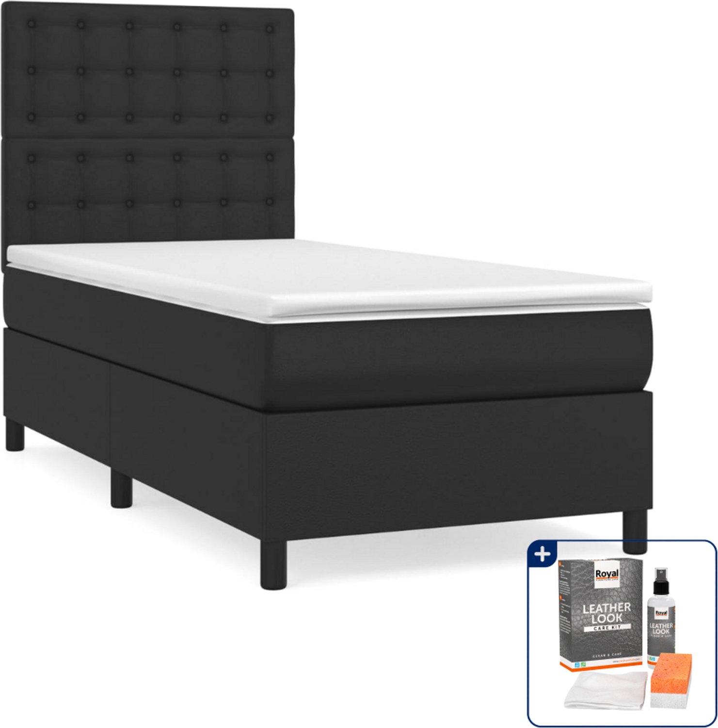 vidaXL boxspring met matras - 90 x 190 cm - kunstleer - zwart - Inclusief onderhoudsset voor kunstleer 150 ml