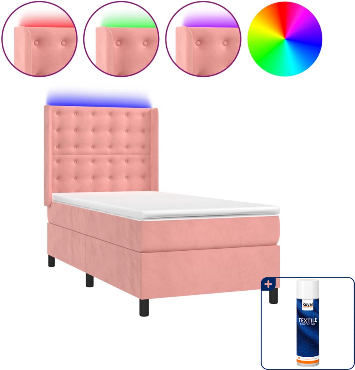 vidaXL Boxspring met matras en LED - 100 x 200 cm - fluweel - roze - Inclusief textielbeschermer 500 ml