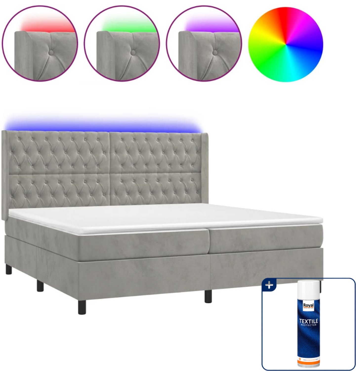 vidaXL boxspring met matras en LED - 200 x 200 cm - fluweel - lichtgrijs - Inclusief textielbeschermer 500 ml