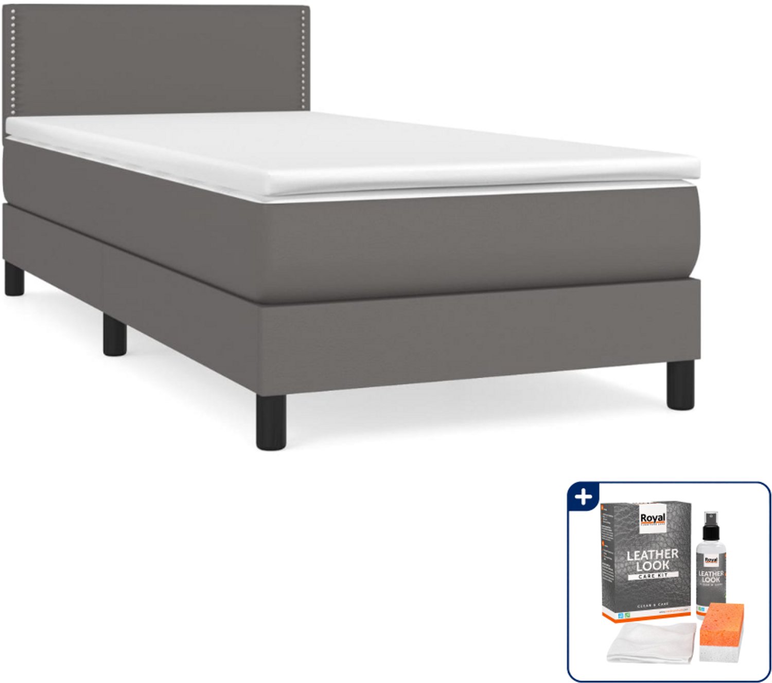 vidaXL boxspring met matras - 80 x 200 cm - kunstleer - grijs - Inclusief onderhoudsset voor kunstleer 150 ml