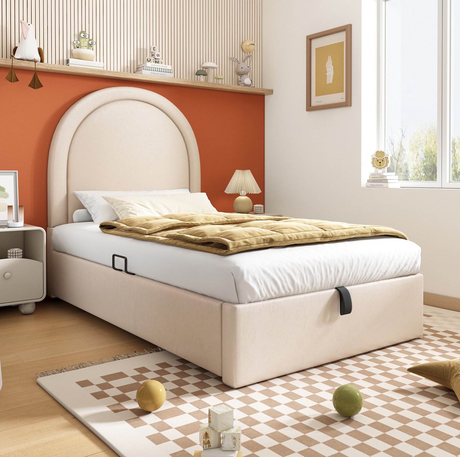 Maisentiel Beige gestoffeerd kinderbed 90 x 190 cm met opbergruimte en lattenbodem