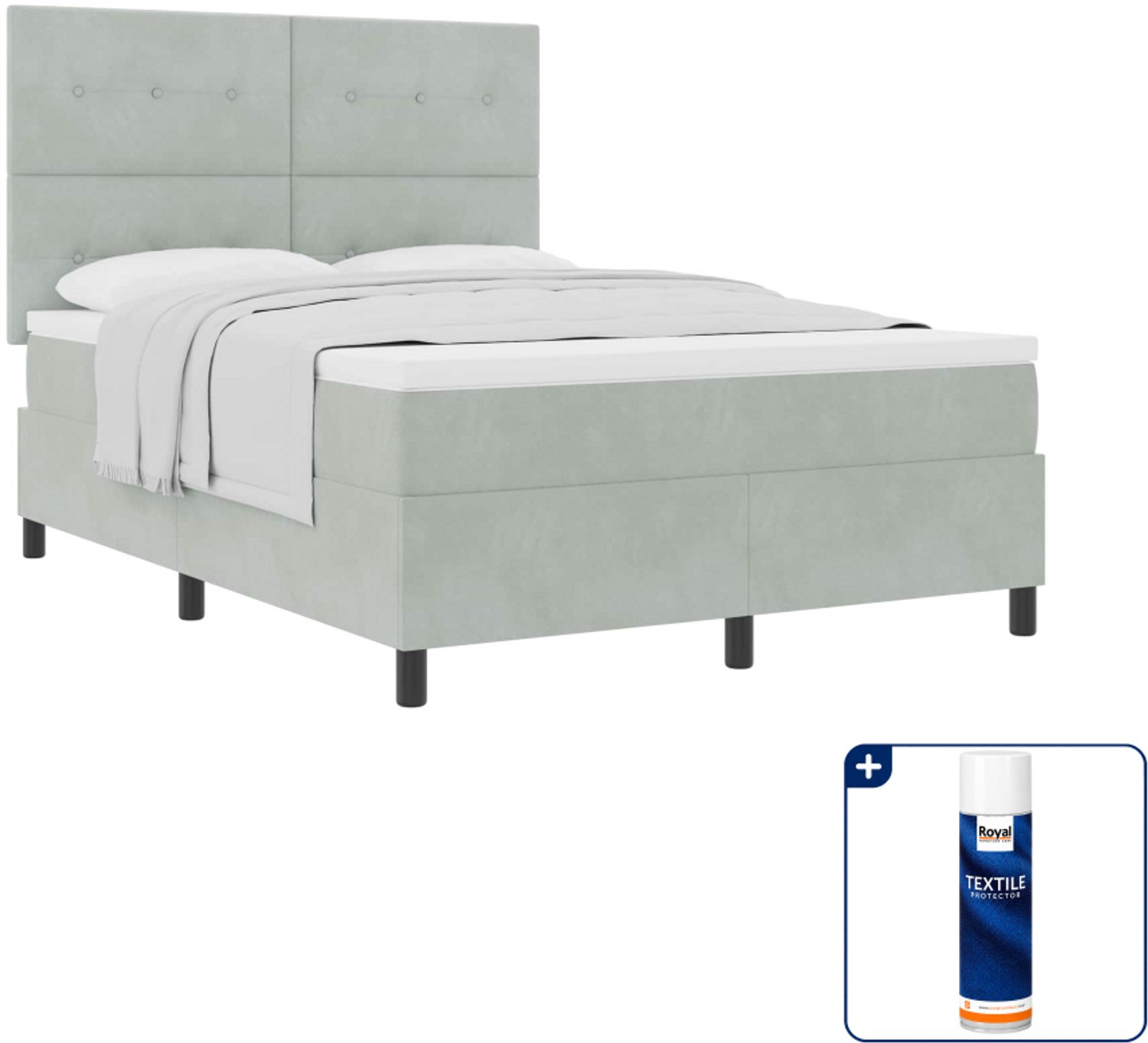 vidaXL Queensize boxspringbed - 160 x 200 cm - lichtgrijs - fluweel - Inclusief textielbeschermer 500 ml