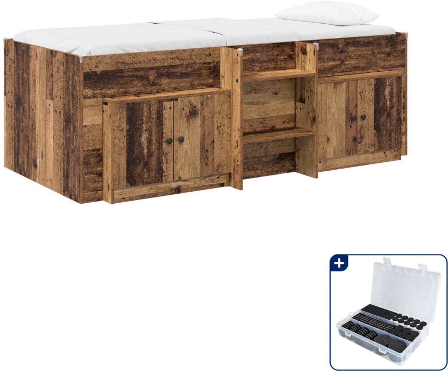 vidaXL hoogslaper met kast - 100 x 200 cm - bewerkt hout - oud hout - Inclusief antikrasvilt 177-delig Bruin