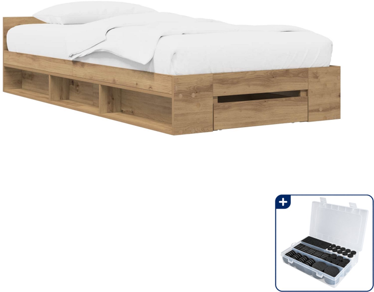 vidaXL bedframe met opbergruimte - 80 x 200 cm - bewerkt hout - eiken - Inclusief antikrasvilt 177-delig Bruin