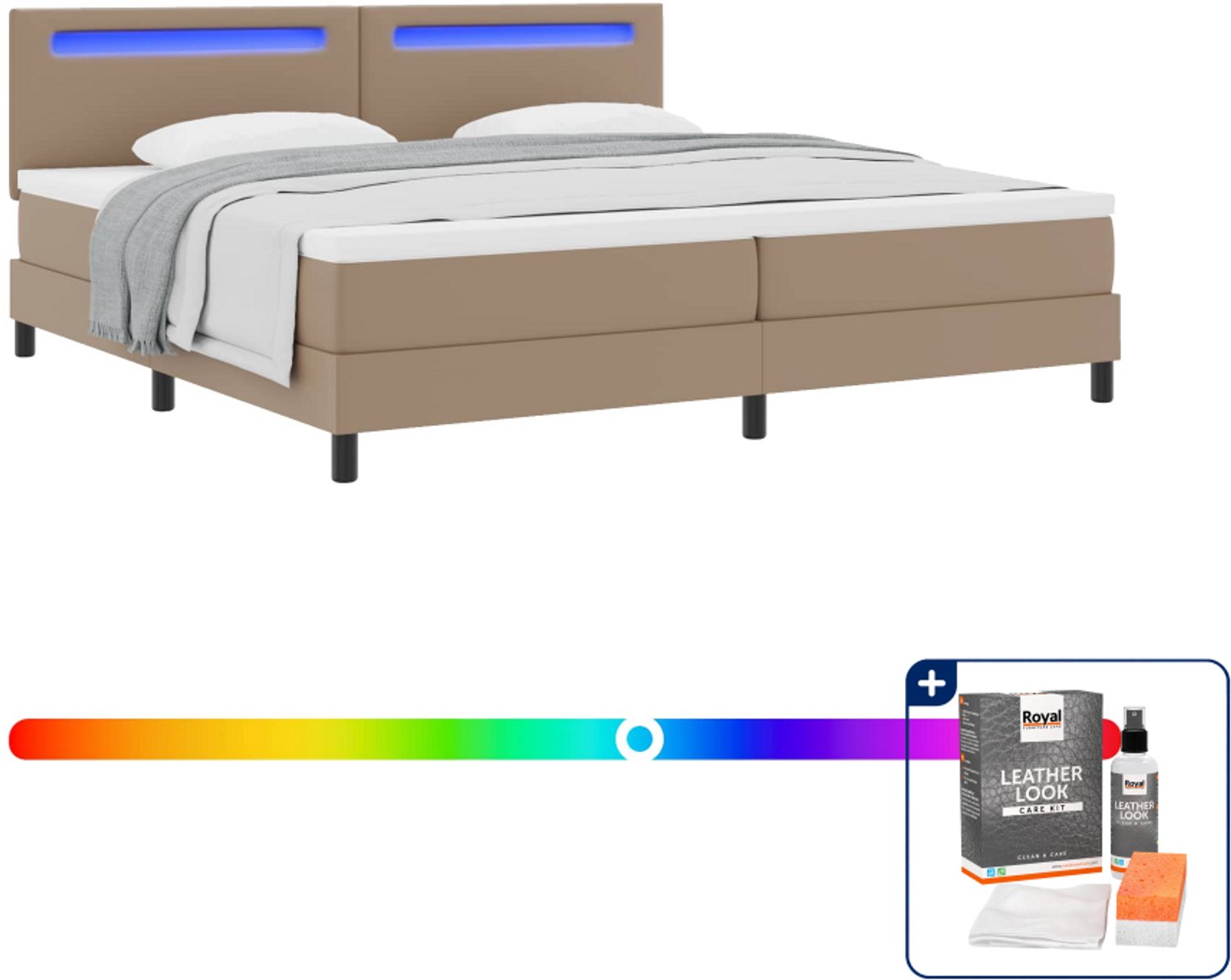 vidaXL Boxspringbed - 200 x 200 cm - kunstleer - cappuccino - Inclusief onderhoudsset voor kunstleer 150 ml Bruin