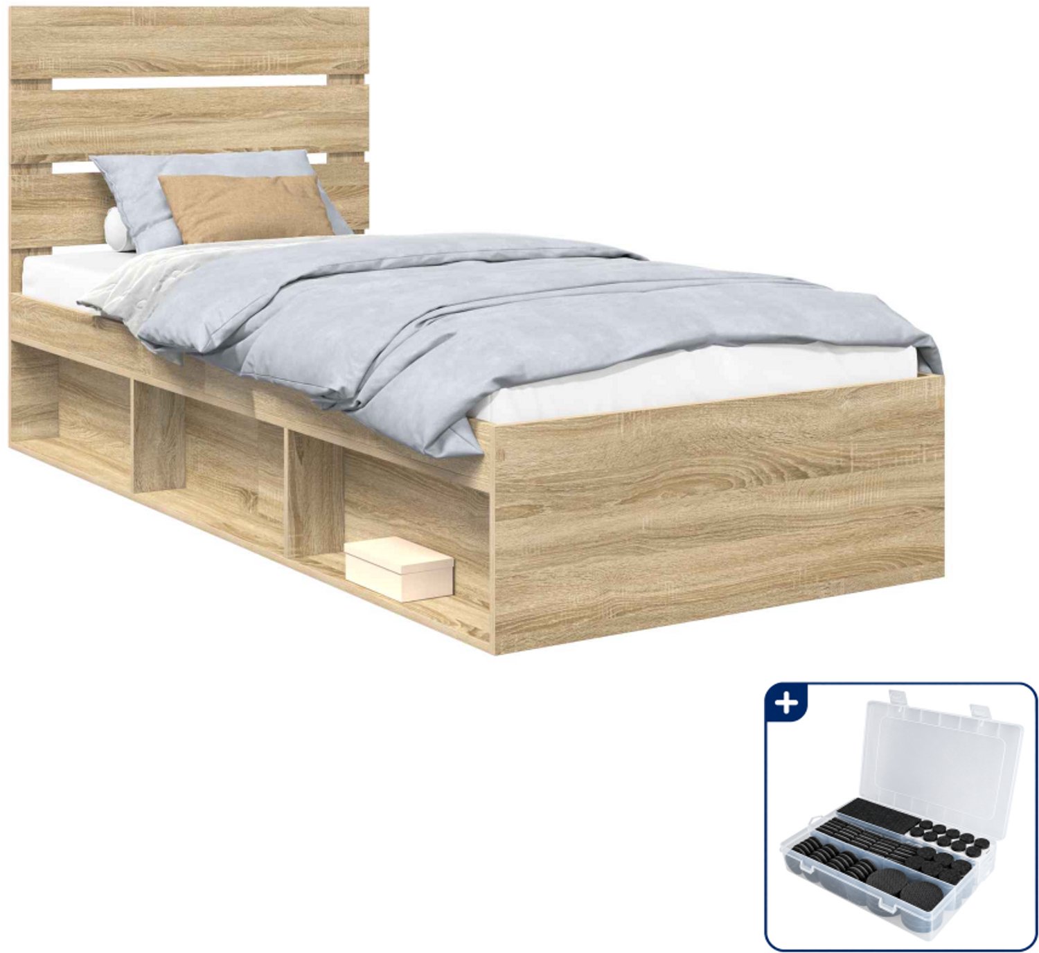 vidaXL bedframe - 75 x 190 cm - sonoma eiken - Inclusief antikrasvilt 177-delig Grijs