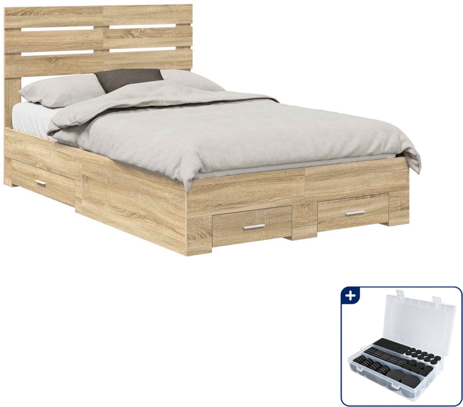 vidaXL bedframe met lade - 135 x 190 cm - bewerkt hout - sonoma eiken - Inclusief antikrasvilt 177-delig