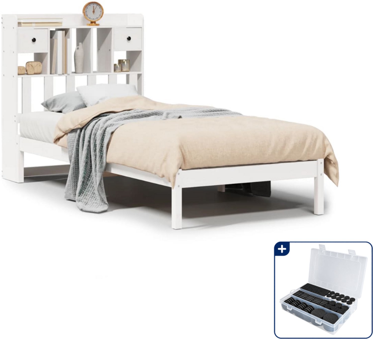 vidaXL bed met boekenkast - 75 x 190 cm - massief grenenhout - wit - Inclusief antikrasvilt 177-delig