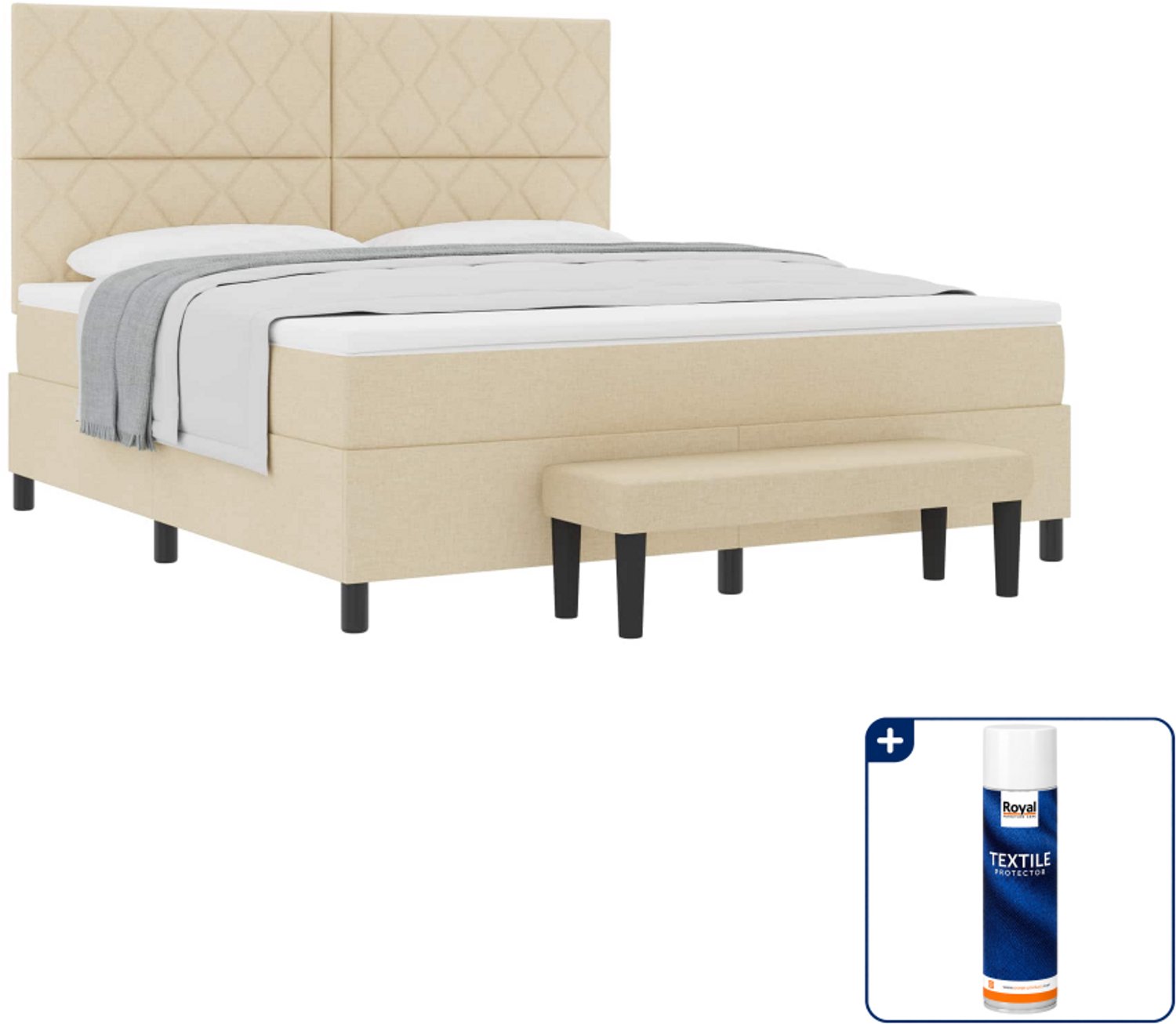 vidaXL boxspringbed Kingsize - 180 x 200 cm - stof - crème - Inclusief textielbeschermer 500 ml Blauw