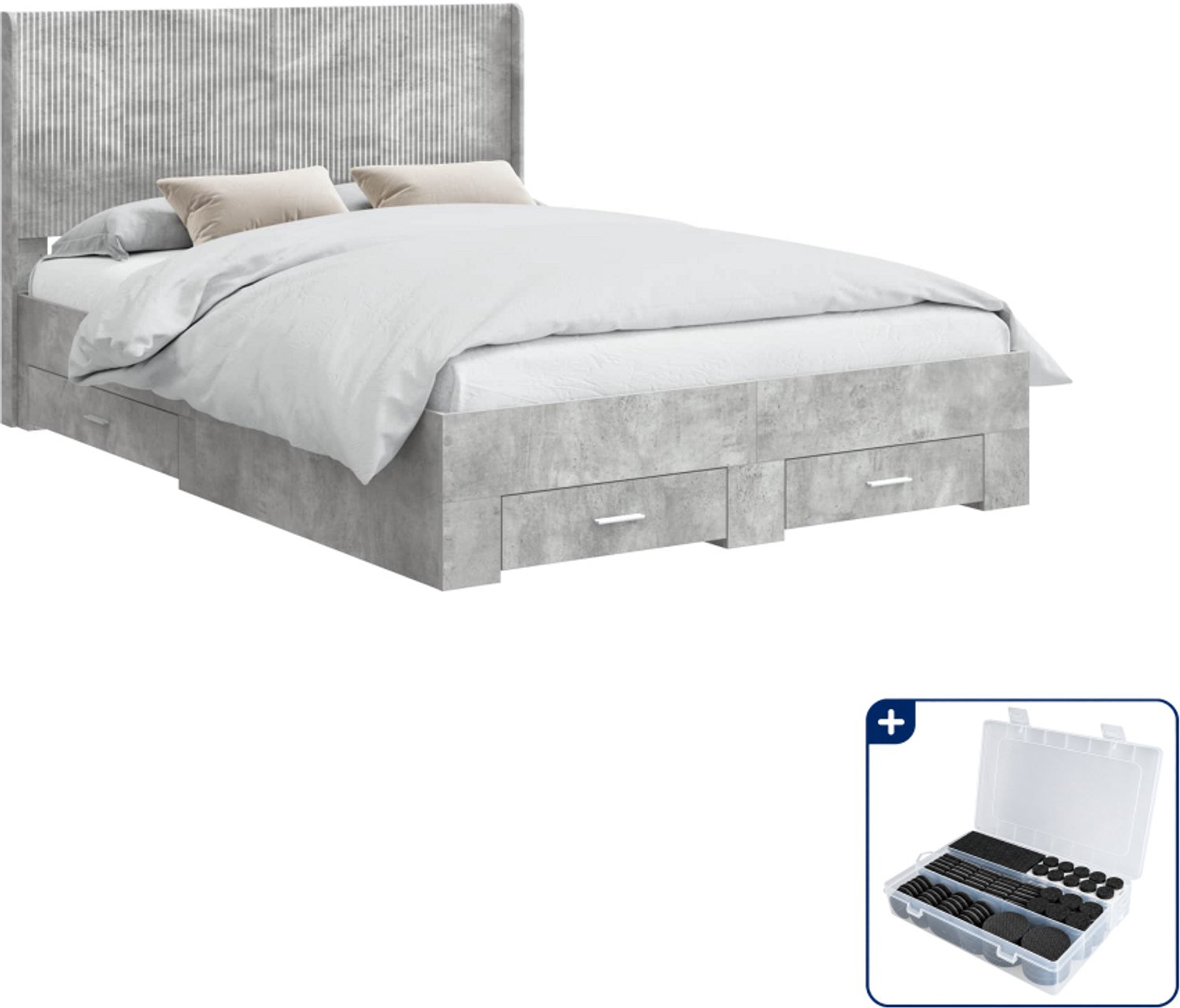 vidaXL bedframe met opbergruimte - Queensize 160 x 200 cm - bewerkt hout - betongrijs - Inclusief antikrasvilt 177-delig