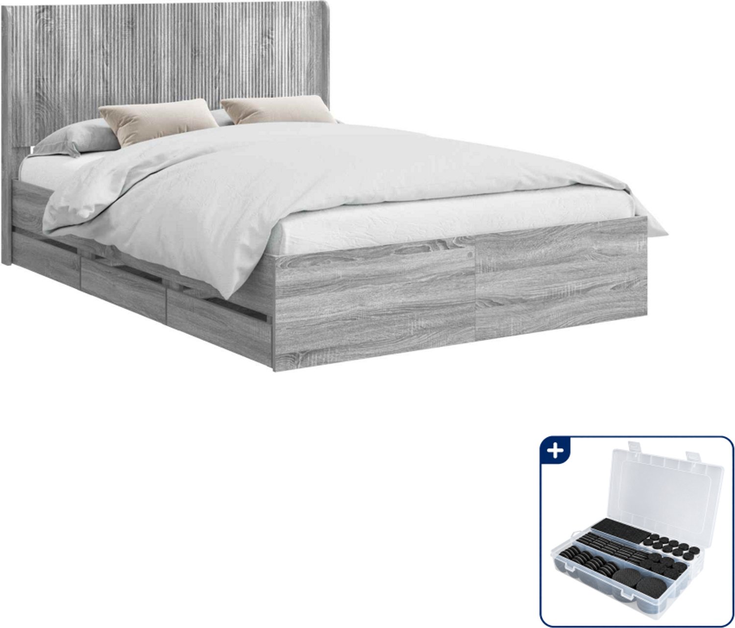 vidaXL bedframe met opbergruimte - 140 x 200 cm - bewerkt hout - grijs - Inclusief antikrasvilt 177-delig
