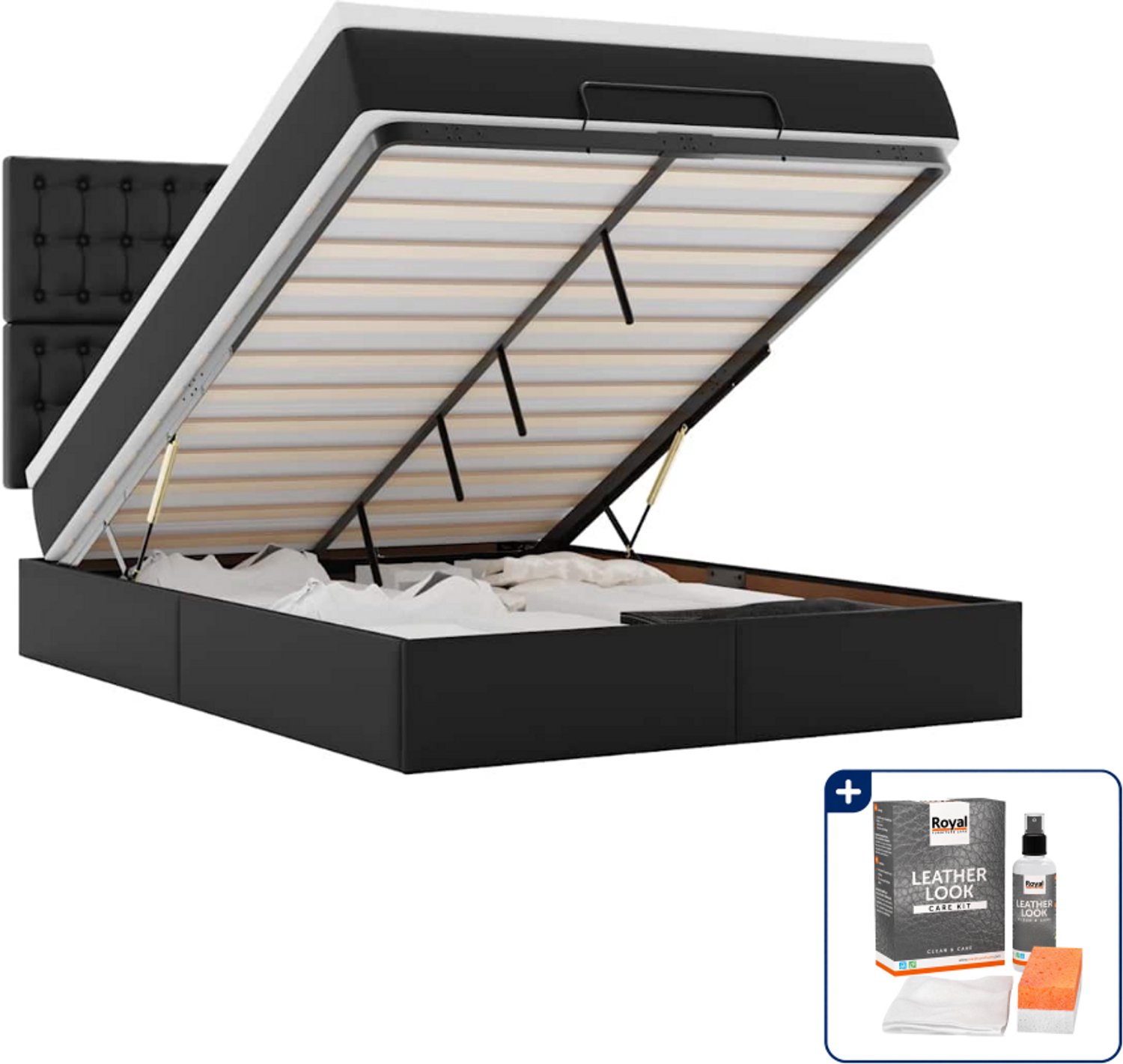 vidaXL Ottoman bed - Small double - 140 x 200 cm - kunstleer - zwart - Inclusief onderhoudsset voor kunstleer 150 ml Grijs