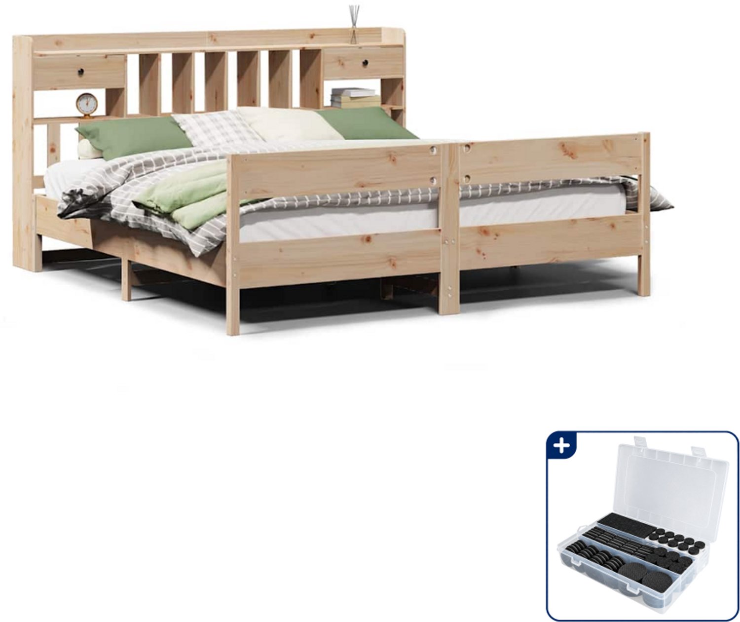 vidaXL Kingsize bed met boekenkast - 180 x 200 cm - massief grenenhout - Inclusief antikrasvilt 177-delig Bruin