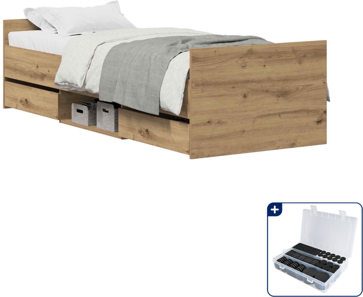 vidaXL bedframe - 70 x 190 cm - bewerkt hout - artisan eiken - Inclusief antikrasvilt 177-delig Wit