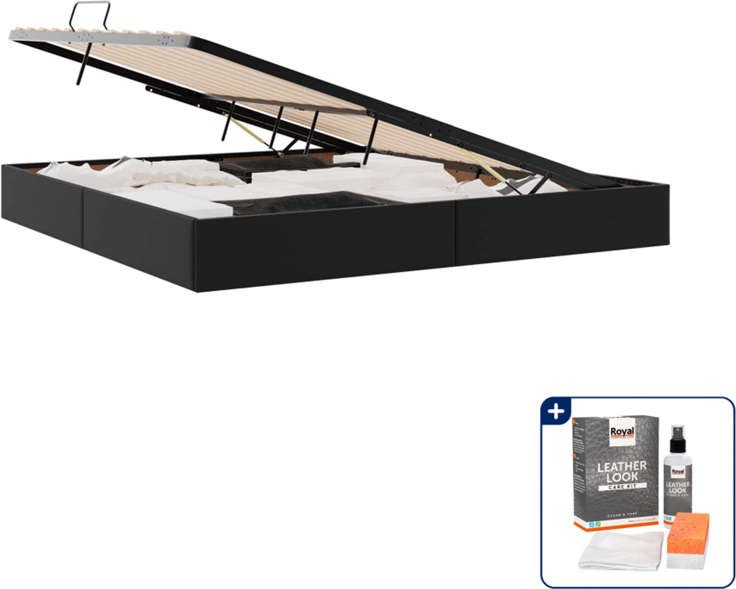 vidaXL ottoman bedframe met opslag - 200 x 200 cm - kunstleer - zwart - Inclusief onderhoudsset voor kunstleer 150 ml