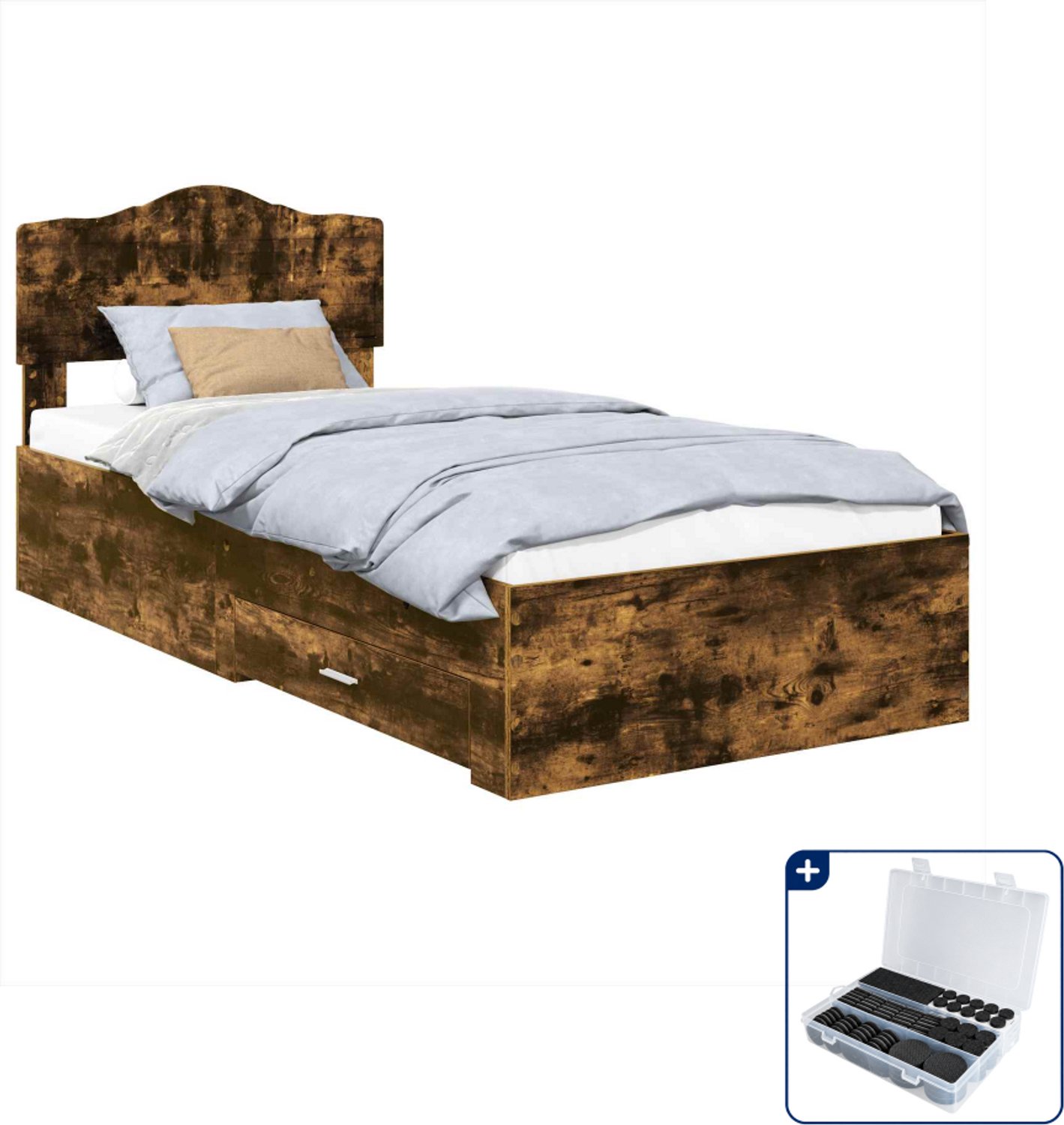 vidaXL bedframe met lade - 90 x 200 cm - bewerkt hout - gerookt eiken - Inclusief antikrasvilt 177-delig Bruin